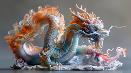 Colorful Chinese dragon statue in orange and blue colors on a gray background