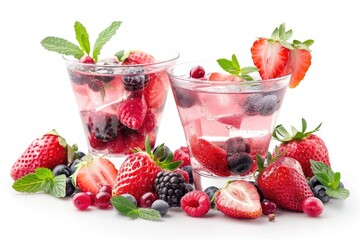 Fresh mint fruits and berries with an alcohol drink on a white backdrop. Generative Ai