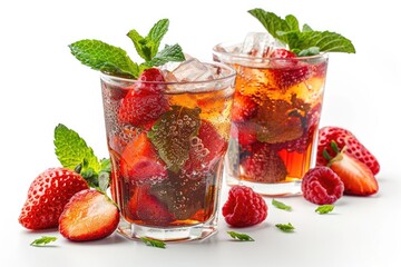 Fresh mint fruits and berries with an alcohol drink on a white backdrop. Generative Ai