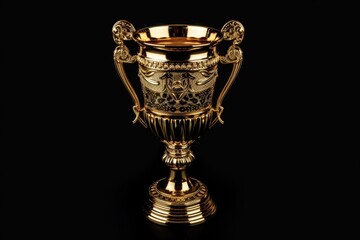 A shiny gold trophy on a sleek black background. Ideal for sports or achievement concepts