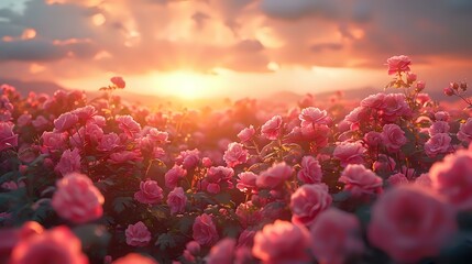 Tranquil Pink Blooms: Serene Dawn in a Lush Countryside