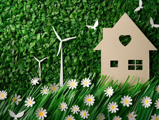 Eco House In Green Environment - Illustration of Modern Eco House with Windmills and nature. Concept of being eco-friendly and saving the planet. Paper art and digital craft style