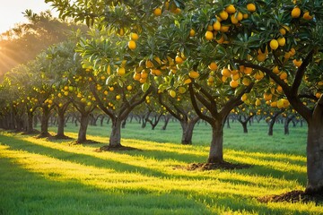 Naklejka premium Tranquil sunrise illuminating citrus grove with fruit-laden trees