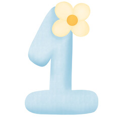 blue number one with yellow flower on transparent background