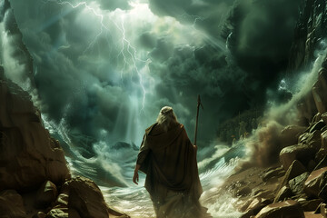 Artistic illustration of back view of Moses dividing the red sea in exodus