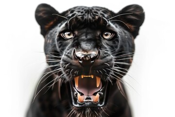 Frontal shot of a black panther isolated on a white backdrop, seeming fierce. Generative Ai