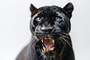 Frontal shot of a black panther isolated on a white backdrop, seeming fierce. Generative Ai