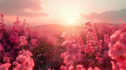 Ethereal Pink Blooms: Soft Pastel Dawn in a Lush Countryside