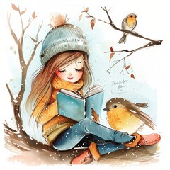 Young Girl Enjoying Book in Autumn Nature with Cute Birds Illustration