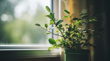 A green plant on a windowsill