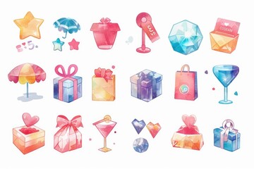 A collection of watercolor illustrations featuring various gifts and drinks. Perfect for festive designs and invitations