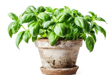 Green leaf tree with basil in a container isolated on a white backdrop. Generative Ai