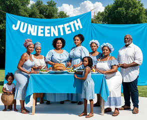 African American women in white clothing standing behind a table with a large blue banner that says "Juneteenth"
