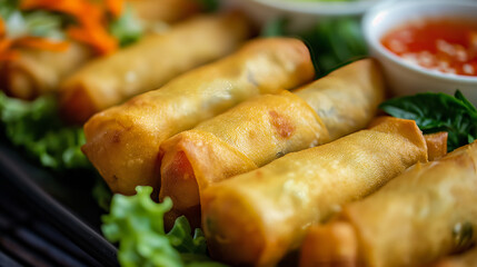 Appetizing fried spring rolls on a bed of lettuce with a side of chili sauce, capturing the crispy texture