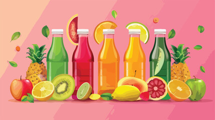 Bottles with healthy juice and fruits on color backgroun