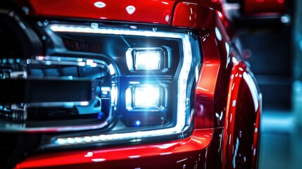 Close up red Pickup Truck detail on one of the LED headlights