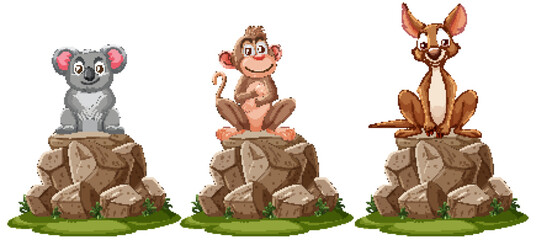 Three cartoon animals sitting on rocky outcrops.