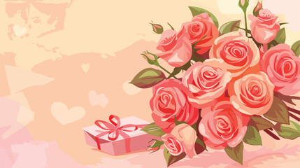 Bouquet of beautiful roses envelope and gift box 