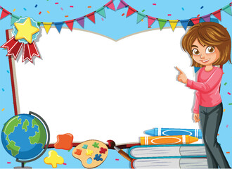 Teacher pointing at blank festive classroom board