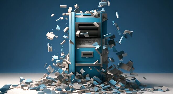 3D minimalist depiction of a broken ATM, crisis in liquidity,