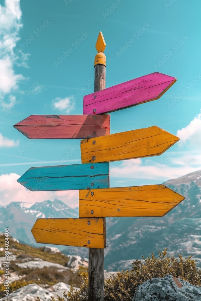 Poster a wooden sign with multiple colored arrows pointing in different directions. perfect for navigation 