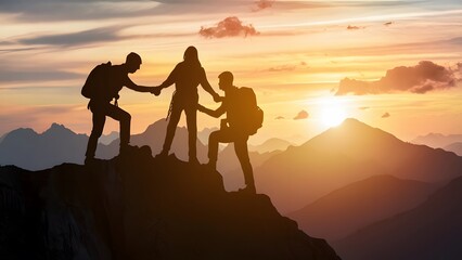 group of people helping each other as a team to reach to the top of the mountain. - Powered by Adobe