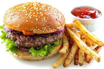 Hamburger with a white backdrop hamburger against a lone, white background. Generative Ai