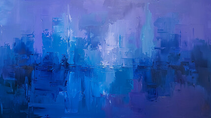 Dusk-themed abstract oil painting, with a blend of blues and violets illustrating a cityscape's evening transformation.