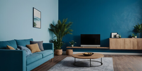 Modern interior of living room design and blue wall background