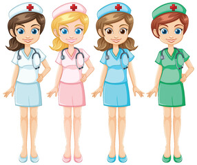Four cartoon nurses in various colorful uniforms.