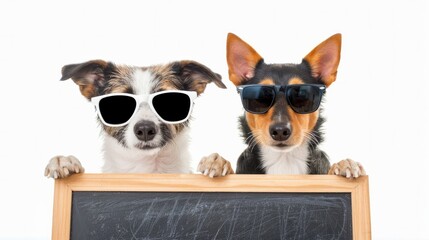 Dog wearing sunglasses relaxing in the white background. Dog holds blank blackboard. Generative AI