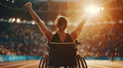 Back view of disabled woman in wheelchair with raised hands at sports stadium