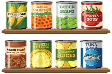 Colorful canned goods including vegetables and fish.