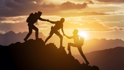Obraz premium group of people jumping in the air against a backdrop of a cloudy sky, silhouette of mountains, and a setting or rising sun.