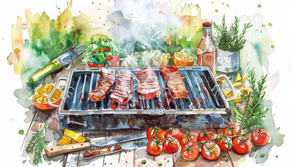A painting of a grill with meat and vegetables on it