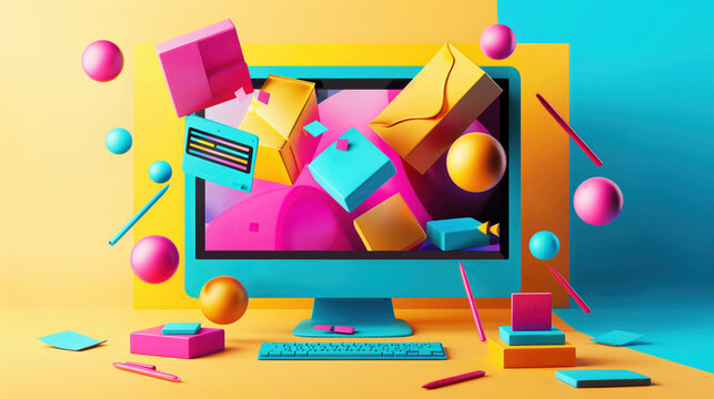 Computer monitor with a colorful background and a bunch of colorful objects flying around it. 3D illustration of a digital marketing agency, advertising company, online goods store.