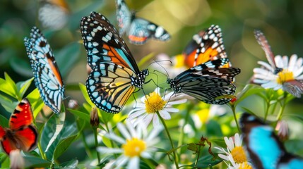 Colorful Butterfly Swarm Surrounding Flowers Macro.