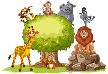 Colorful animals grouped around a lush green tree.