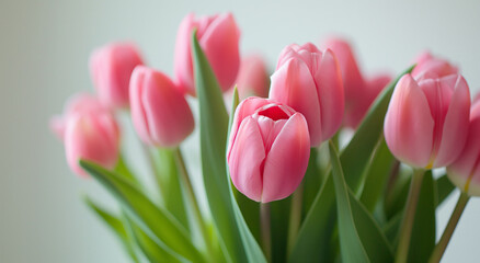Fototapeta premium Pink tulips bouquet, on white background. Сlose-up for greeting cards and Mother's Day event. Banner with copy space.