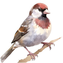 AI-Generated Watercolor Sparrow on a branch Clip Art Illustration. Isolated elements on a white background.