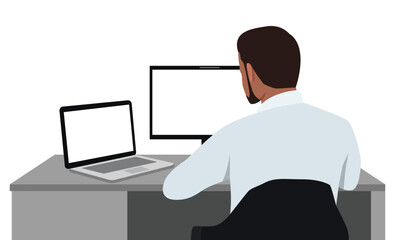 Young man working on a computer and laptop. Two devices. Multitasking. Flat vector illustration isolated on white background