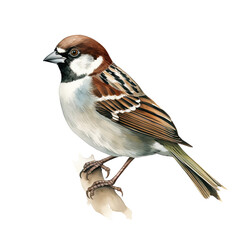 AI-Generated Watercolor Sparrow on a branch Clip Art Illustration. Isolated elements on a white background.