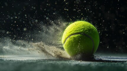 Close-up of a tennis ball just as it hits the ground, capturing the impact moment, detailed debris and dust, isolated by studio lighting