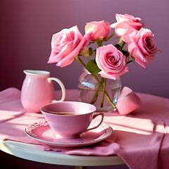 cup of tea and pink rose