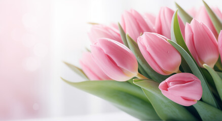 Pink tulips bouquet, on white background. Сlose-up for greeting cards and Mother's Day event. Banner with copy space.
