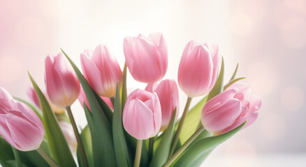 Fototapeta premium Pink tulips bouquet, on soft pink background. Сlose-up for greeting cards and Mother's Day event. Banner with copy space.