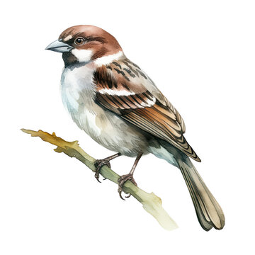 recommend clip art: AI-Generated Watercolor Sparrow on a branch Clip Art Illustration. Isolated elements on a white background.