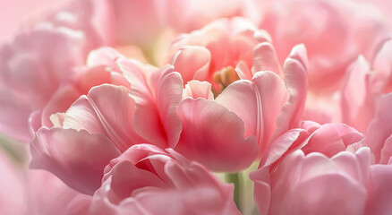 Obraz premium Close-up of pink tulips with soft focus. Macro floral design and greeting cards. Women and Mother's Day event. Banner with copy space.