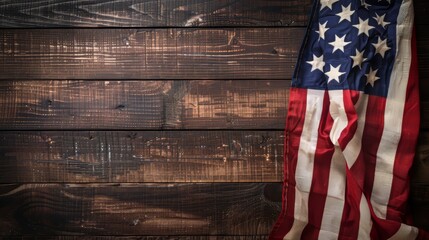 Obraz premium Captivating close-up shot of the United States flag hanging gracefully on a wooden background, emphasizing patriotism and national identity