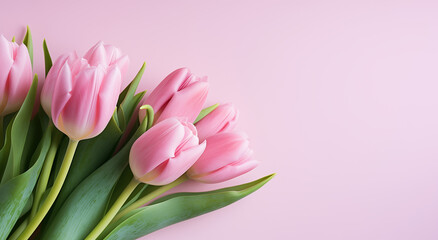 Pink tulips on pink background. Studio floral composition, banner with copy space for greeting cards, invitations, and Mother's Day themes.
